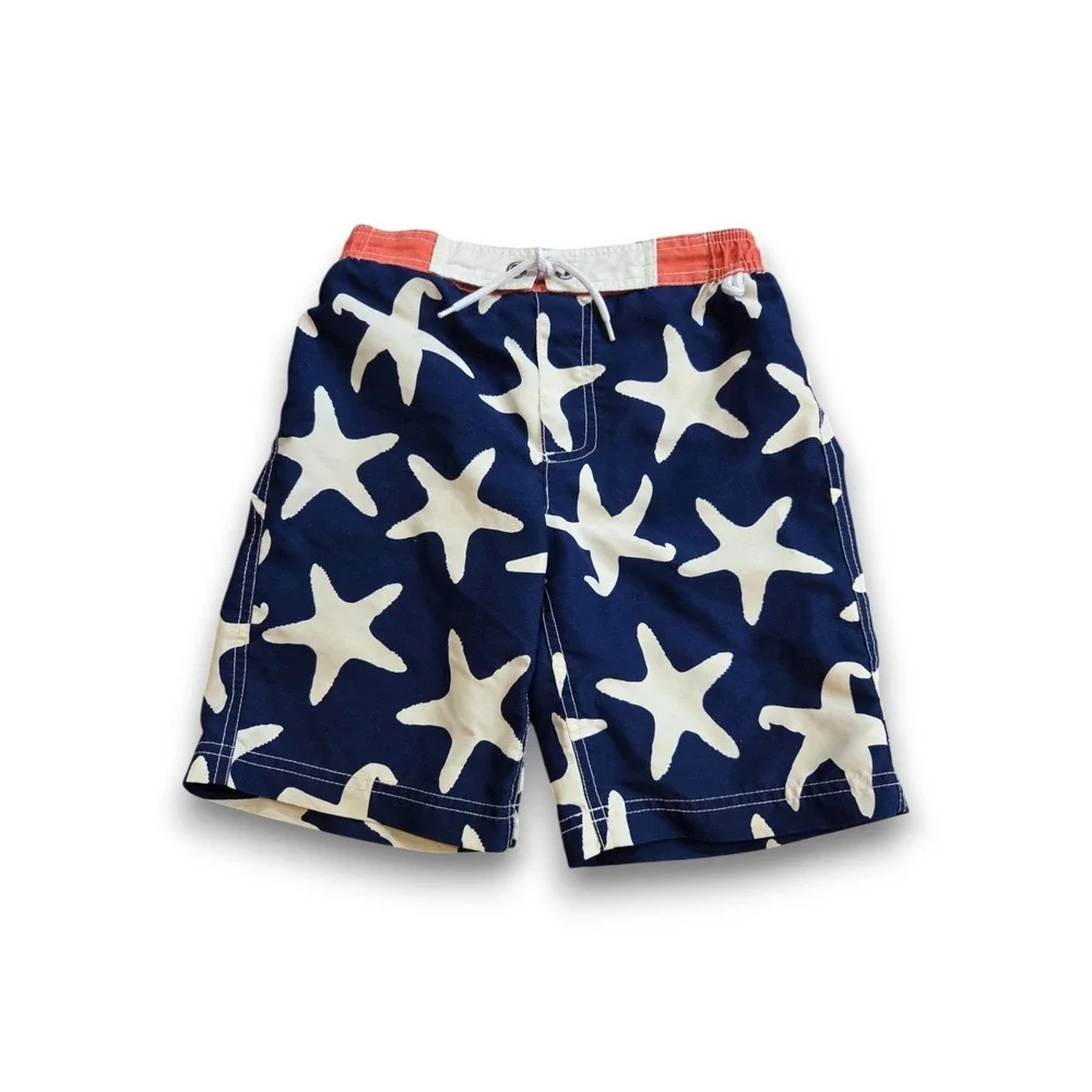 Mini Boden Swim Trunks Blue White Stars Starfish Boys 7-8
